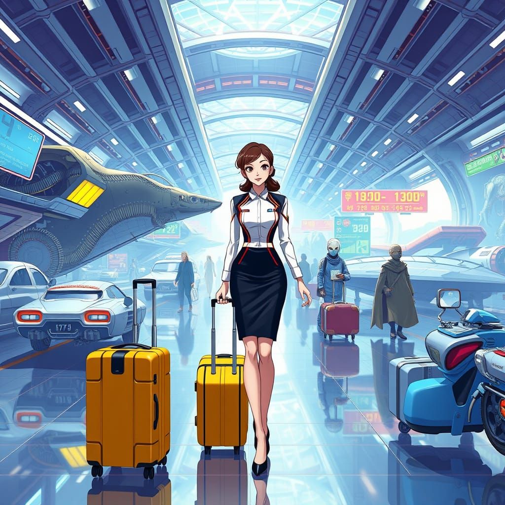 Anime Flight Attendant in Futuristic Spaceport