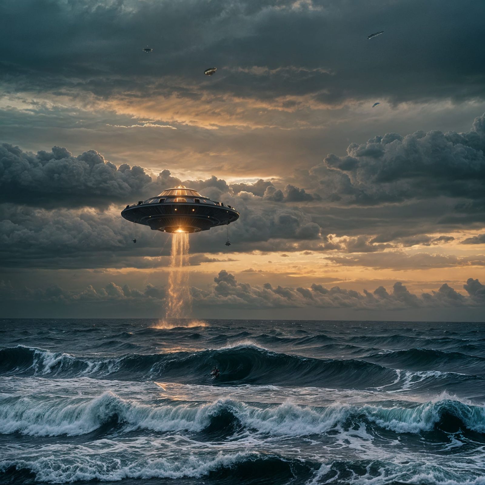 SINGLE UFO HOOVERING ABOVE ROUGH SEAS