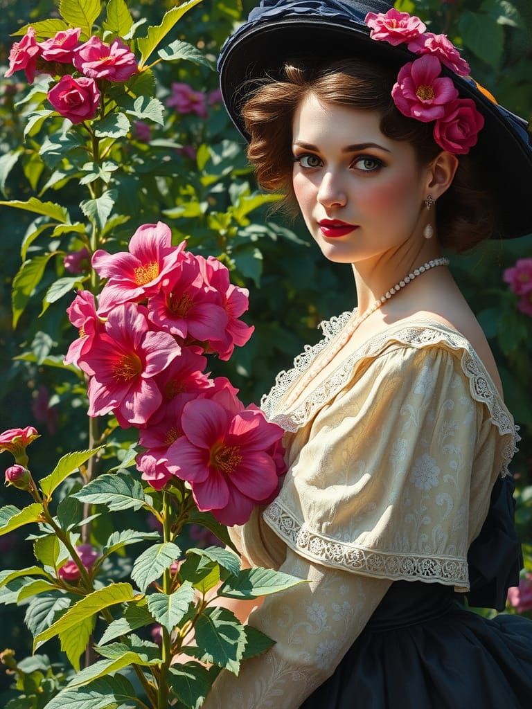 Portrait of victorian lady in the garden with ruby malvae blooms