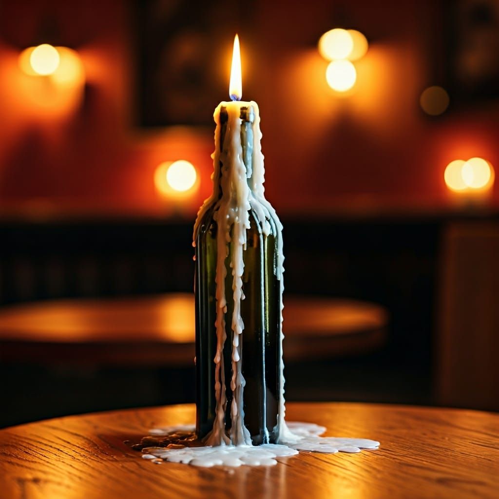 An empty wine bottle used as a candle stick holder. Melting wax pours down the candle & bottle onto the table   by @Monty