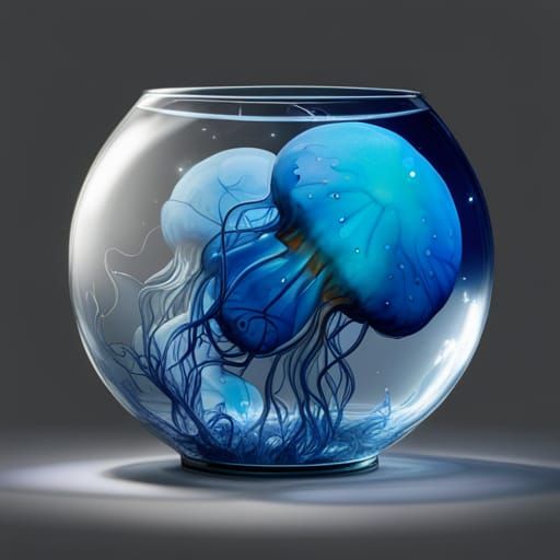 A glass fish bowl on the ocean floor with many strange lumin...
