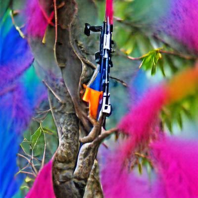 Rifle hanging in tree colourful