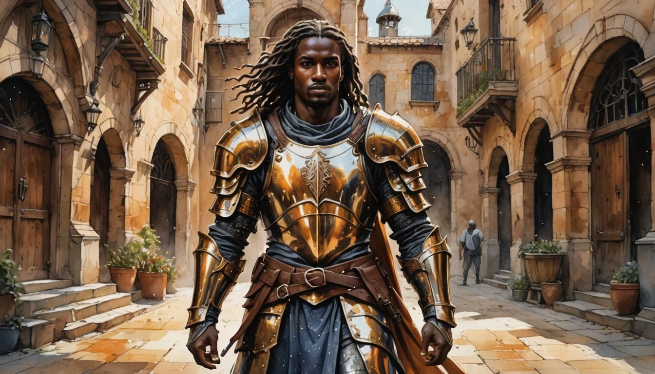 Watercolor and ink illustration of a handsome male dark skin...