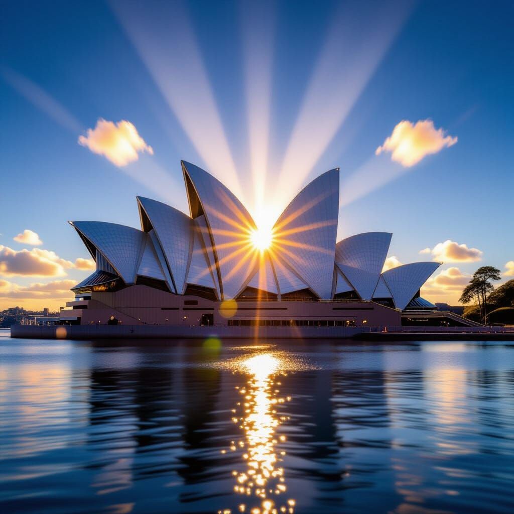  a professional low-angle photograph of the Sydney Opera House, capturing its iconic architectural grandeur. Use a wide-angle lens to emphas...