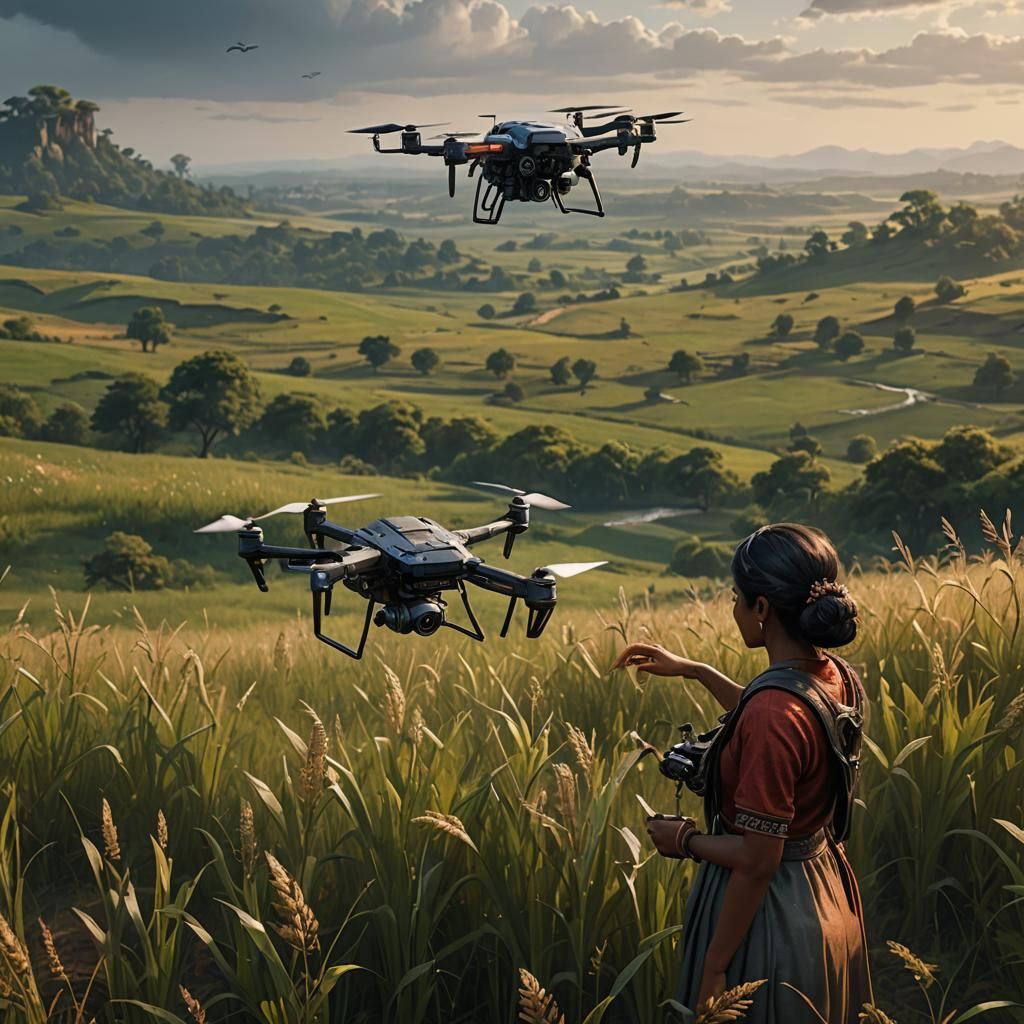 a indian girl looking at the small 
drone very high in the f...