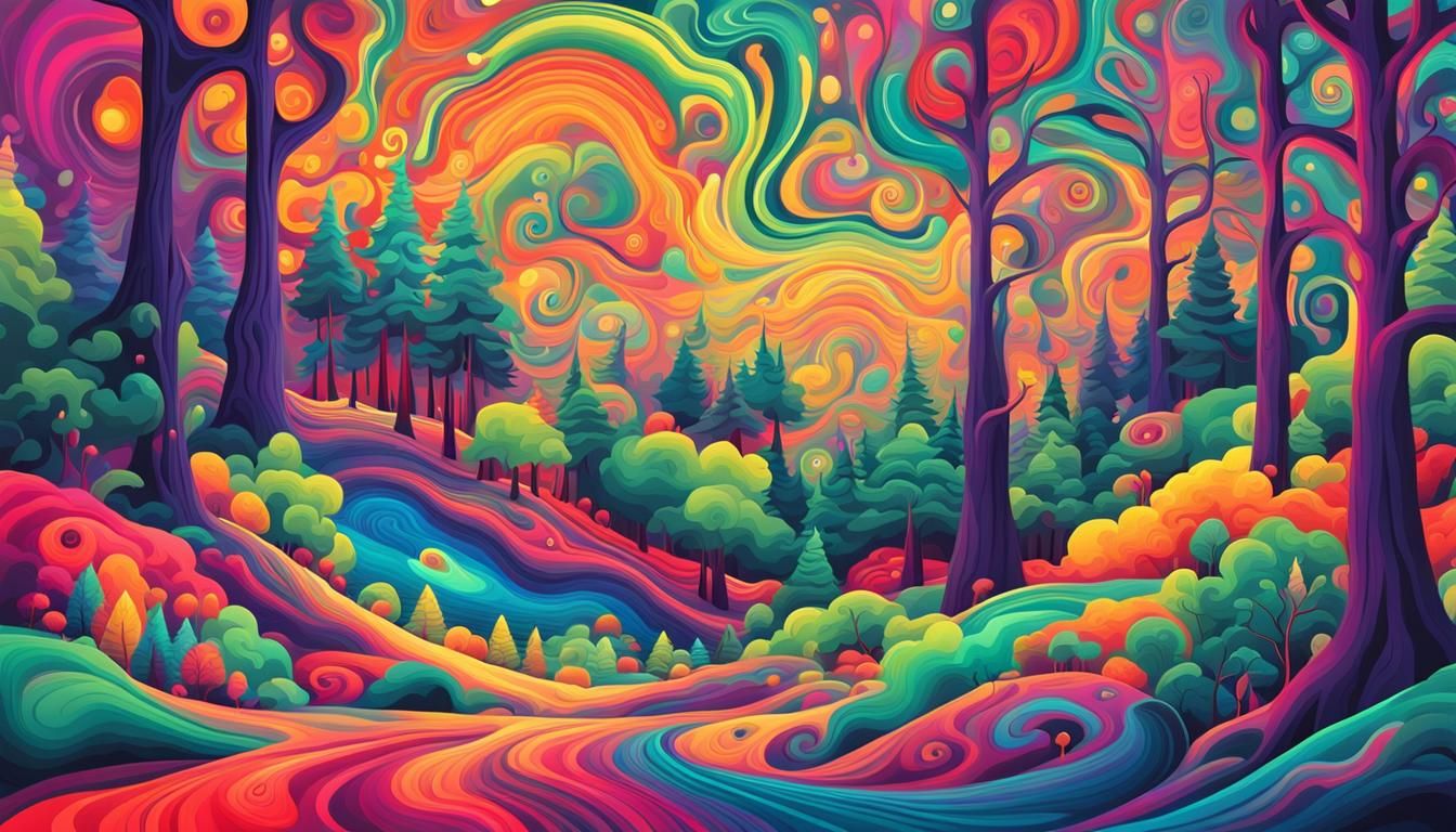 summer forest landscape, psychedelic style, vibrant colors, ...