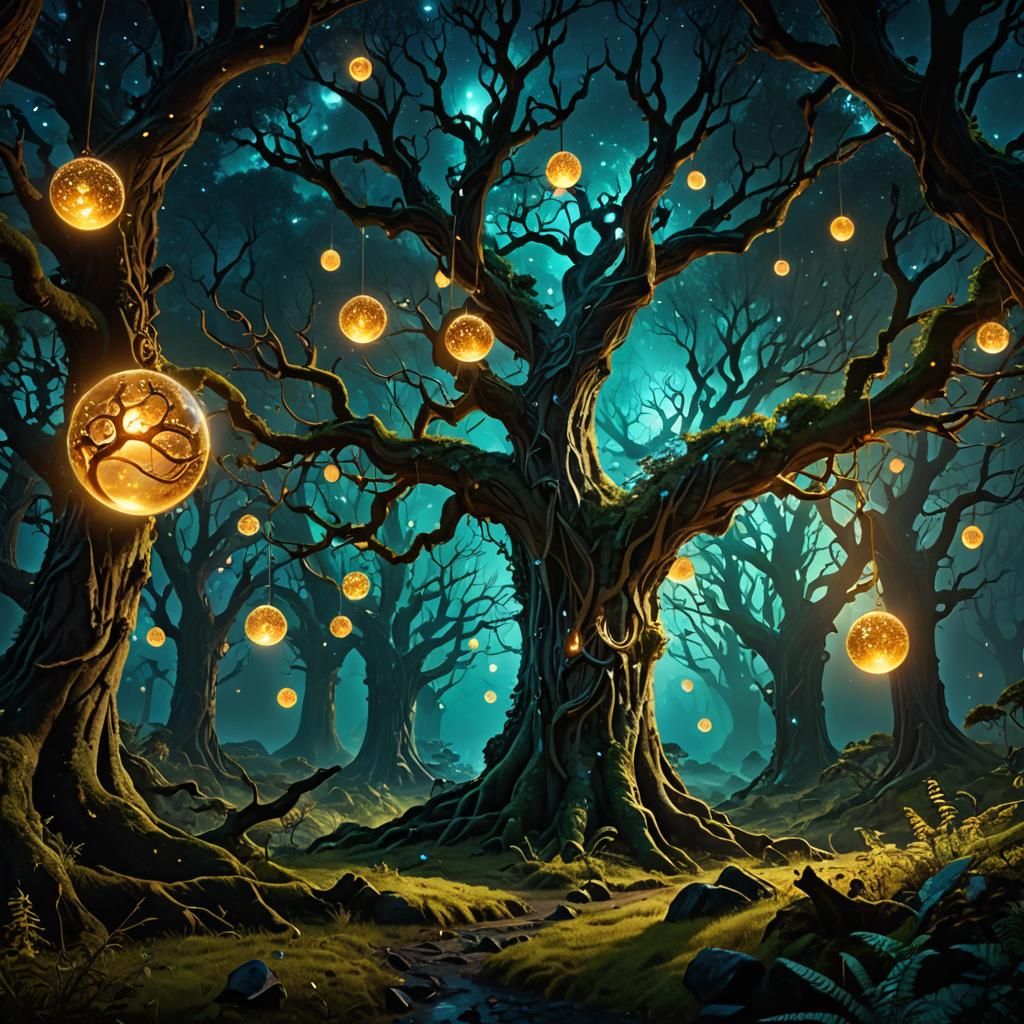 Celestial Forest: Create a mystical forest illuminated by glowing, celestial orbs hanging from ancient, ...  by @undefined