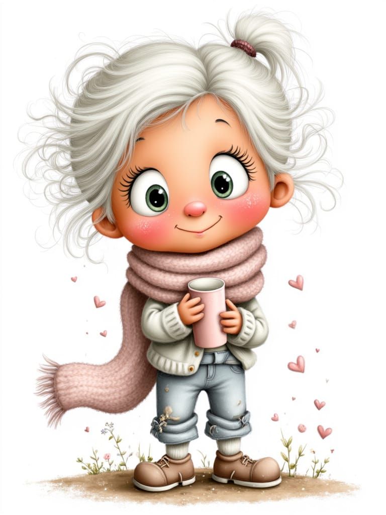 a cute, smiling old lady with white hair in an updo, wearing jeans is holding a coffee mug in her hand, she has big eyes, a large smile, and...