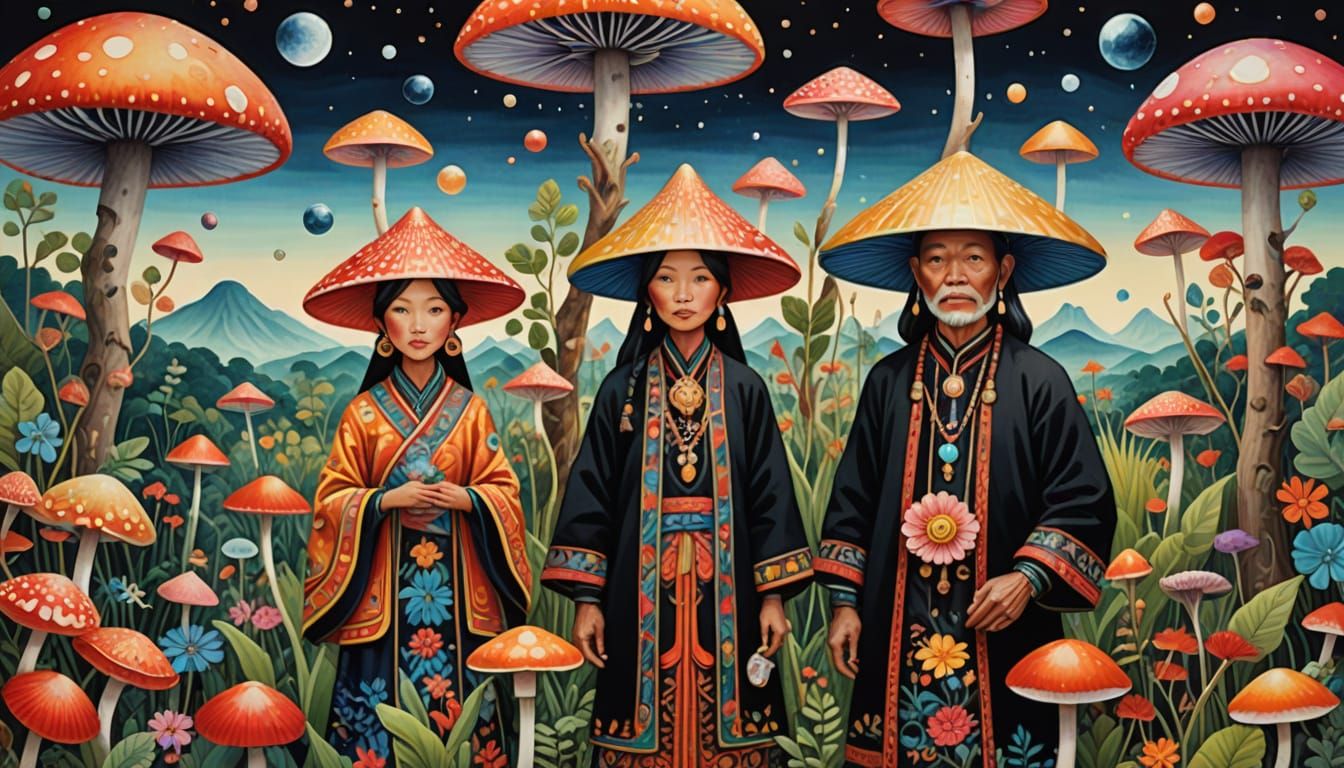 Vibrant Hmong Women in Whimsical Watercolor Style