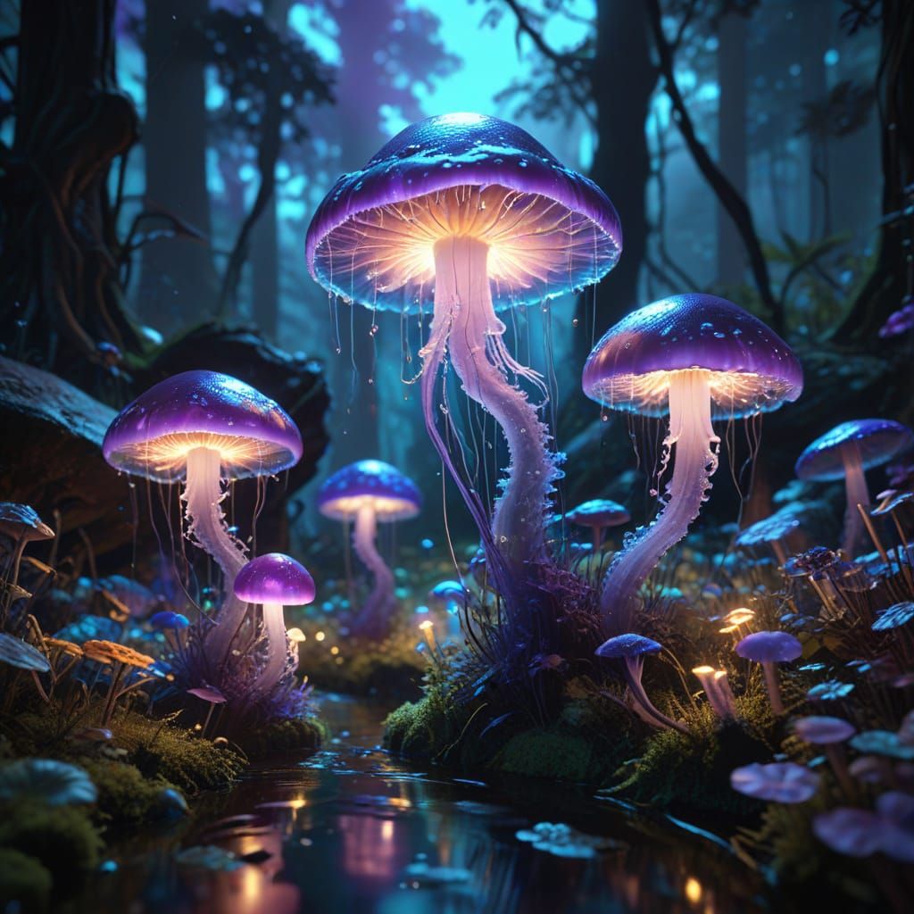 Enchanted Bioluminescent Forest in Art Nouveau Style