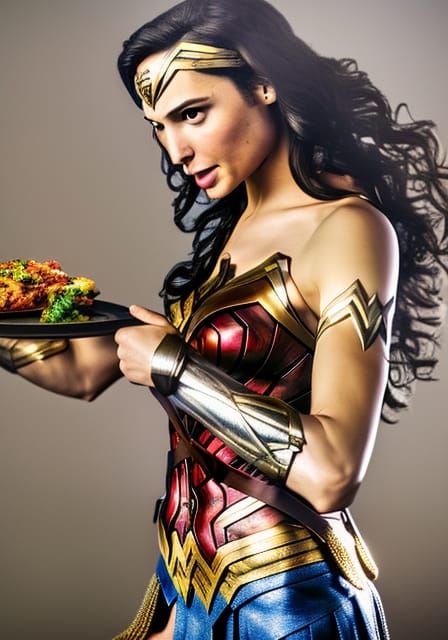 Gal Gadot, wonder woman, holding food tray, in superhero bre...