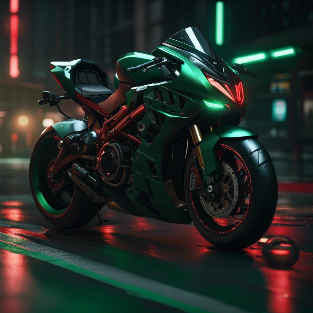 Dark green and black sport bike, decals, twin exhaust, red lights, AI