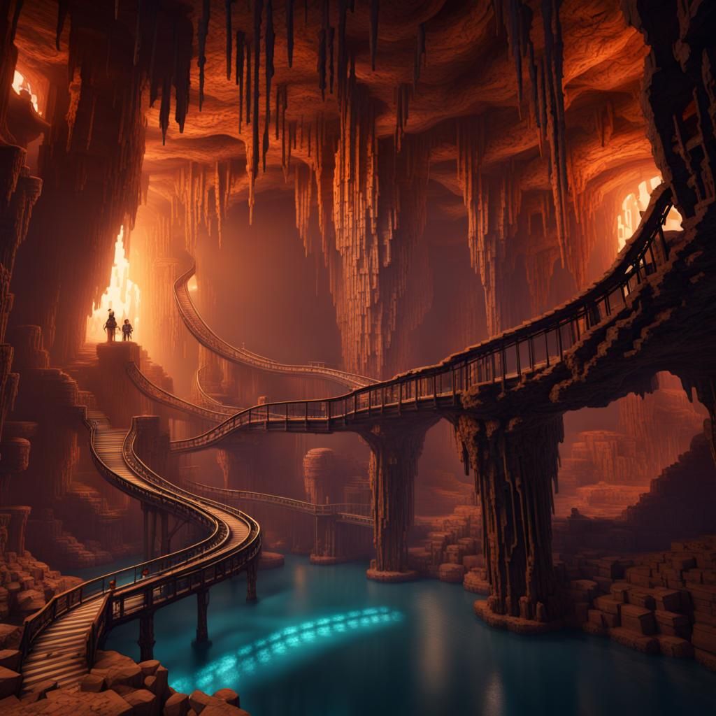 Stalictites in a cave filling with a minecart rollercoaster ...