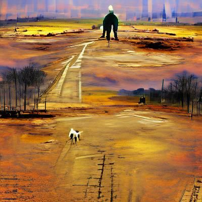 Man and dog walking lonely road wasteland scenery