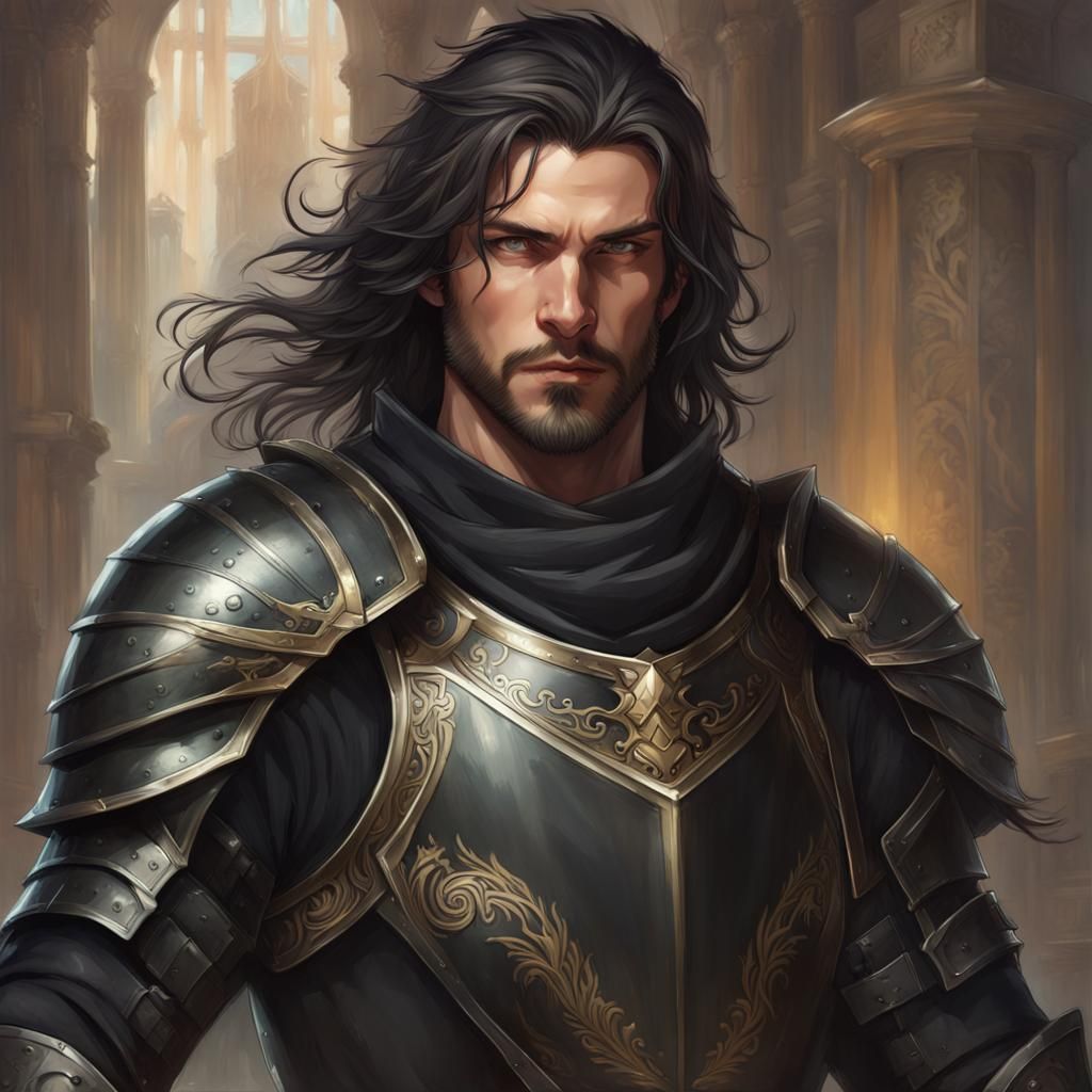 handsome young knight in black armor with a long silvery scar on the ...