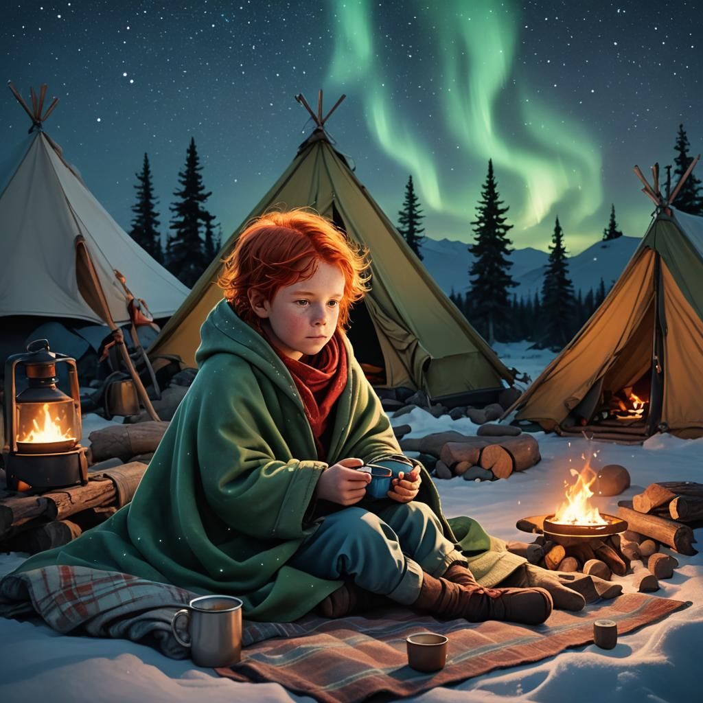 Child in Tent Under Northern Lights, Fantasy Art