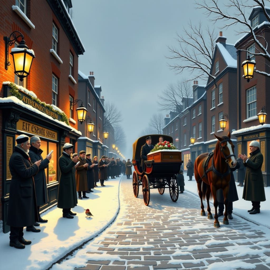 <lora:A Dickensian Xmas:1.0> a funeral cortege passes through the town with passers by paying respect