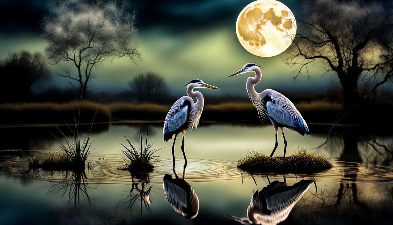 Moonlit Serenade: Herons' Courtship  by @Zand