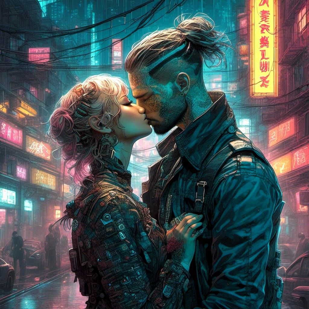Cyberpunk couple kissing  by @Alseve