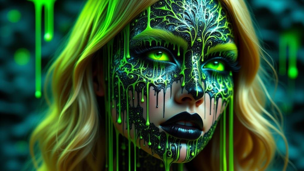 <lora:Melting Colors:1.0> female portrait, neon green glitter eye make up and black lipstick, blonde hair, face covered with ornament patter...