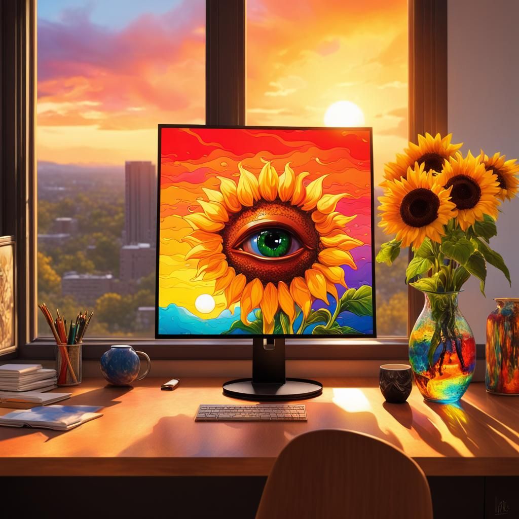 Psychedelic Lava Lamp at Sunset, Hyperrealistic Splash Art