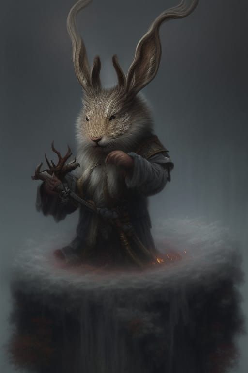 "Stoic Rabbit Yokai Vigilante in Stylized White Rabbit Helme...