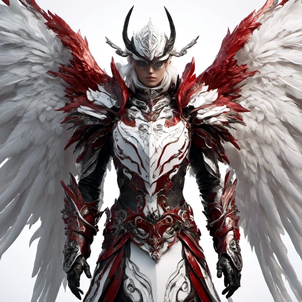 red and black evil female shaped giant white feather wings a...