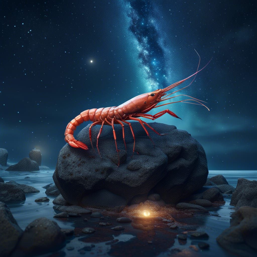 a shrimp on a rock with ocean in a starry night