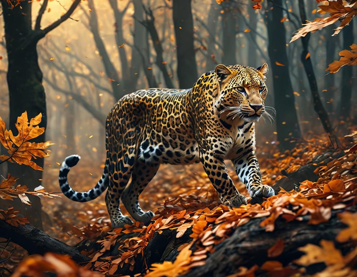 magic leopard made entirely of fallen leaves, hunting in a forrest