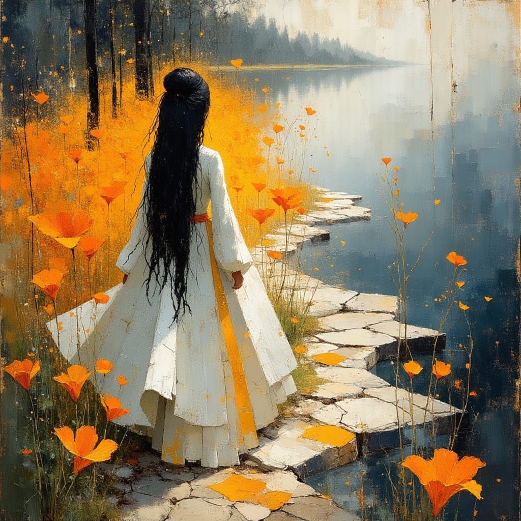 Girl in White Dress Beside Flower Path