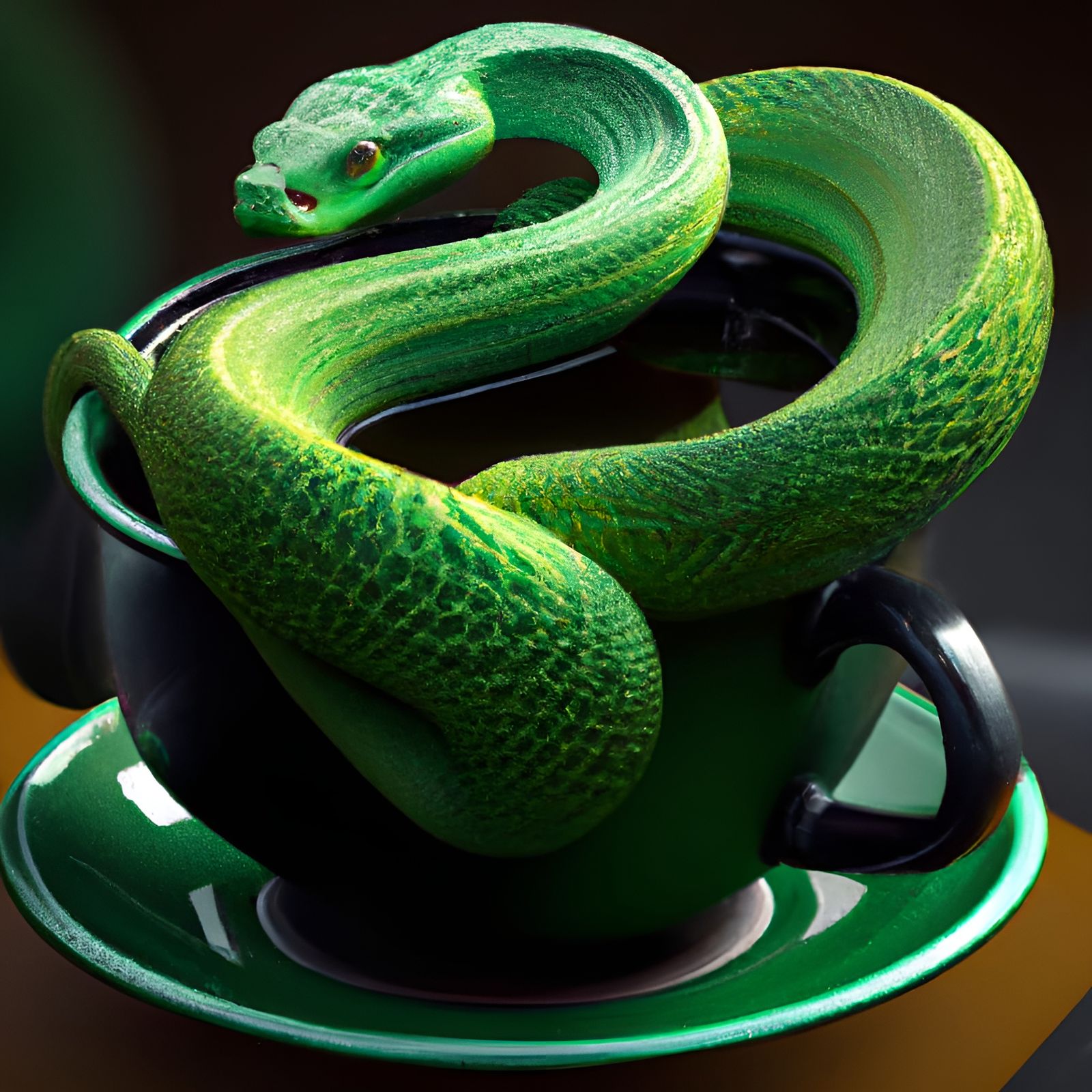 green snake curled up, resting, soaking in tea, inside of a teacup ...