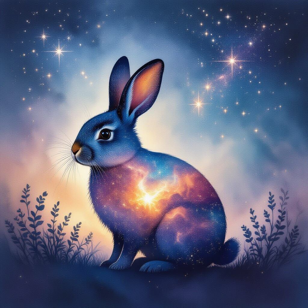 Rabbit Silhouette in Cosmic Nebula Watercolor Painting