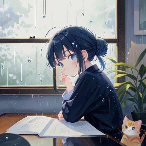 Serene Chinese Girl Looks Out Window on Rainy Night in Impre...