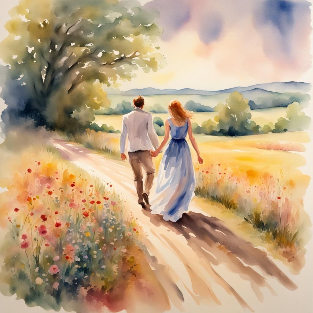 watercolor of couple walking down a dirt path - AI Generated Artwork ...