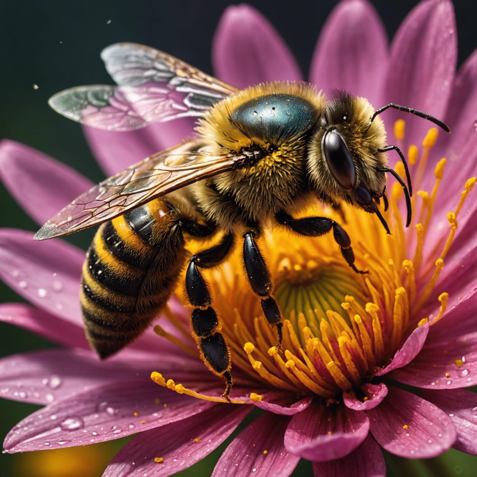a bee on a flower Hyperrealistic, splash art, concept art, mid shot, intricately detailed, color depth, ...  by @undefined