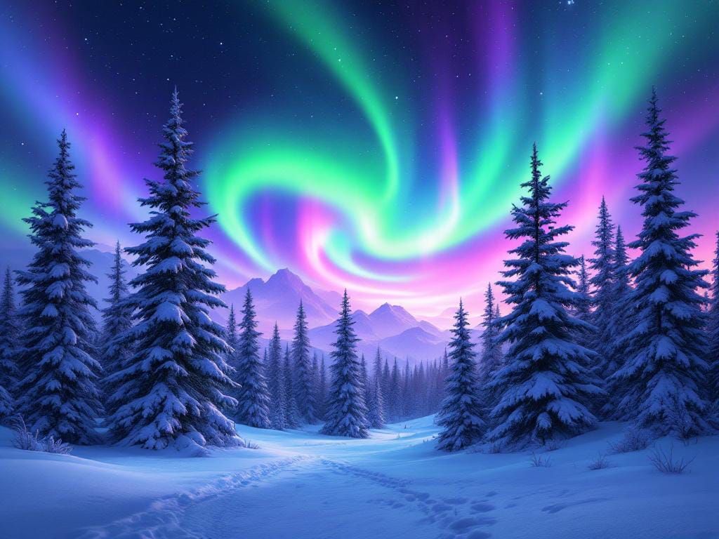 Northern Lights over a Snowy Pine Forest