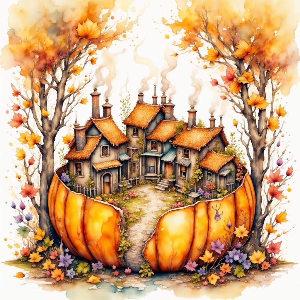 <lora:MrsH Watercolor:1.0> A charming miniature autumnal village is nestled inside a hollowed-out pumpkin. Tiny houses with smoking chimneys...