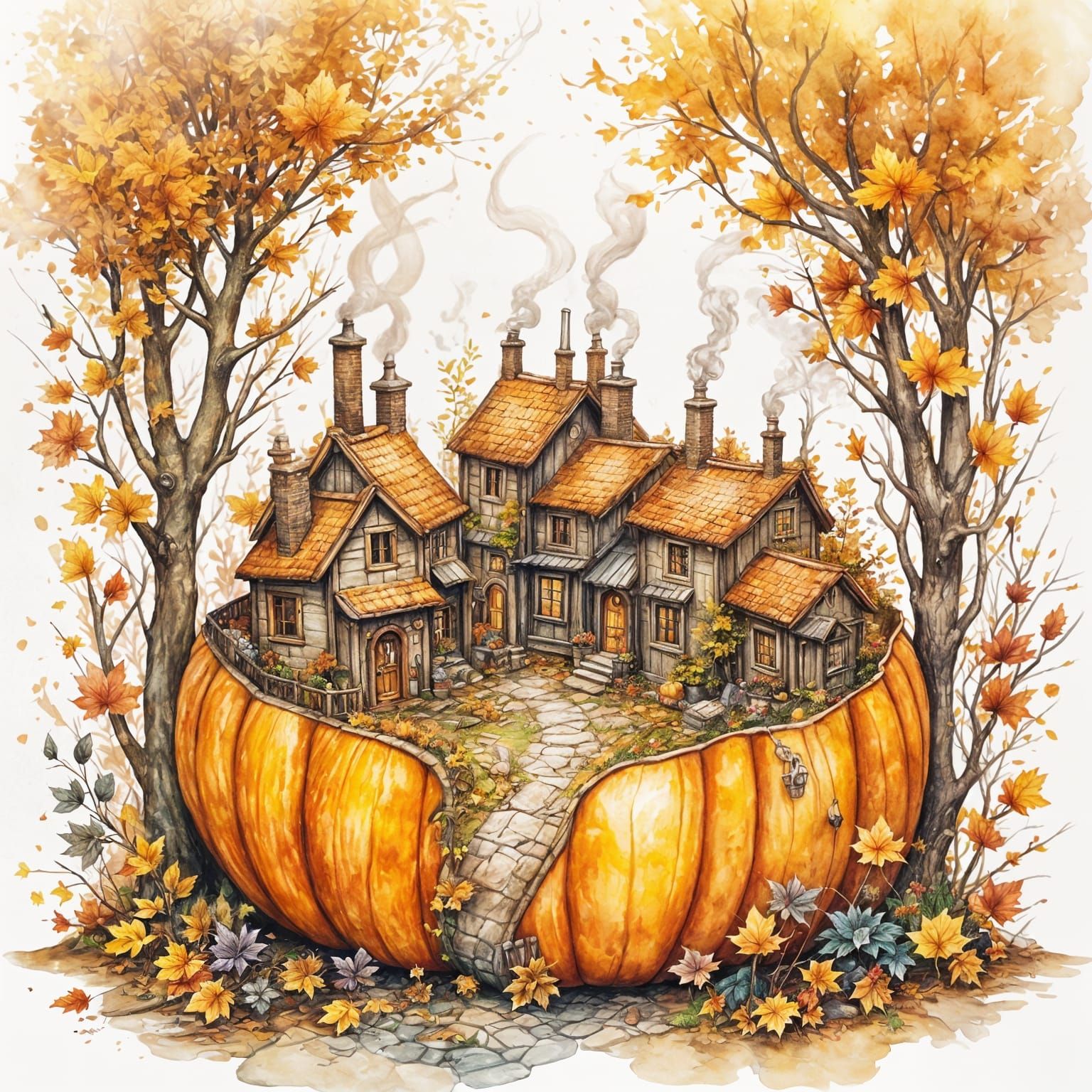 Harvest Village : <lora:MrsH Watercolor:1.0> A charming miniature autumnal village is nestled inside a hollowed-out pumpkin. ...  by @Bakeneko 
