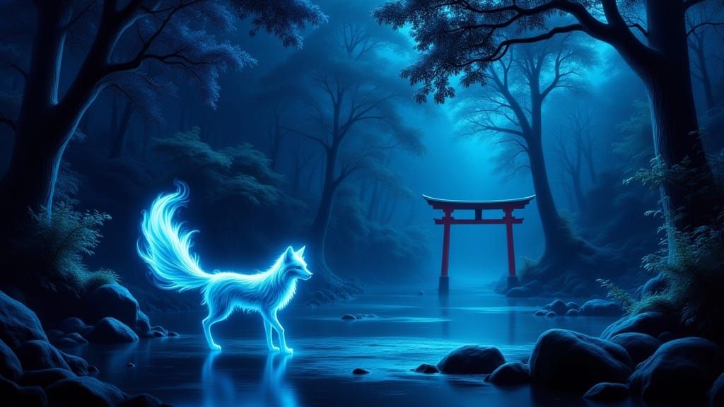 Nine-Tailed Fox Spirit in Mystical Japanese Forest