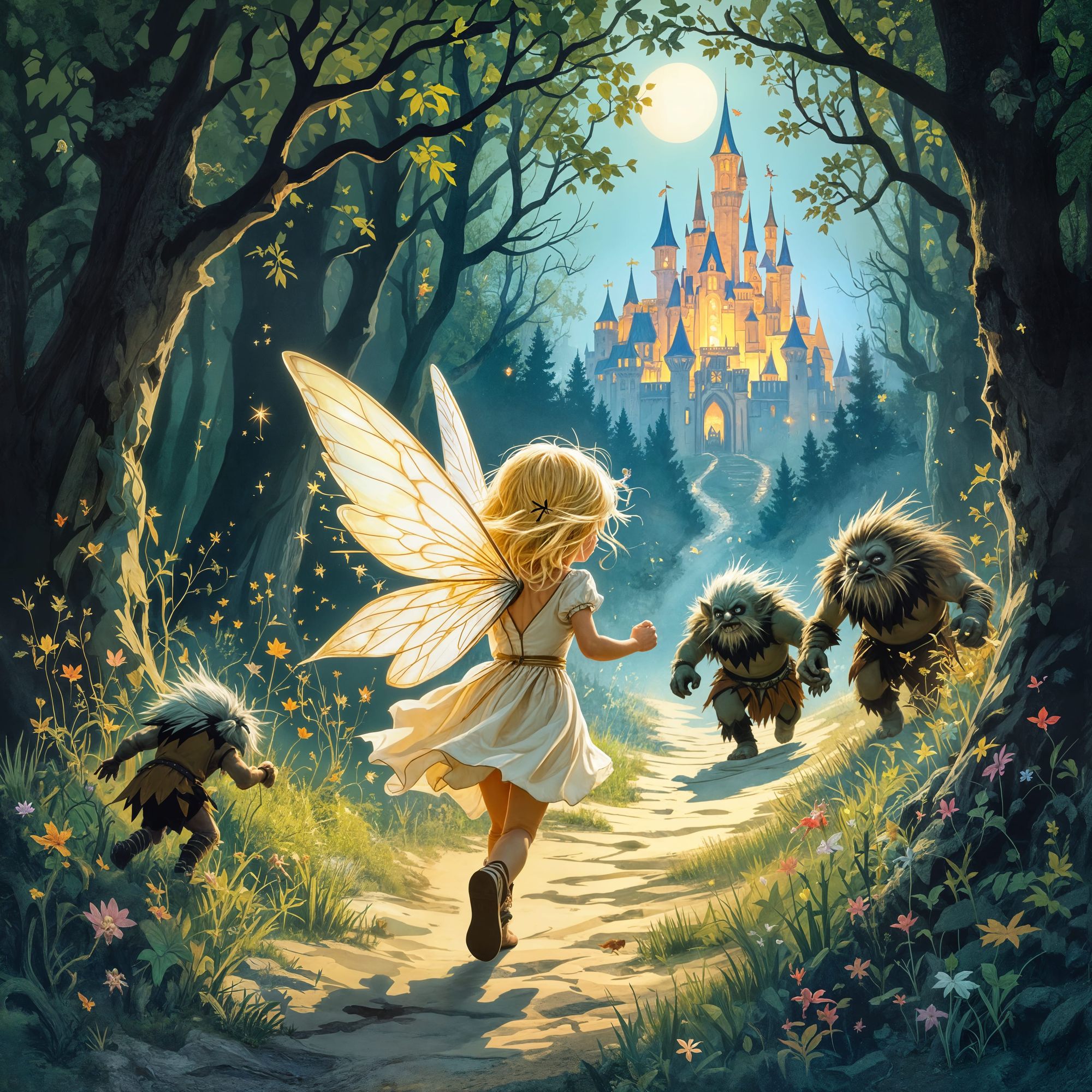 Little blonde girl with fairy wings is running from trolls. She runs towards a magic castle with trolls in persuit.