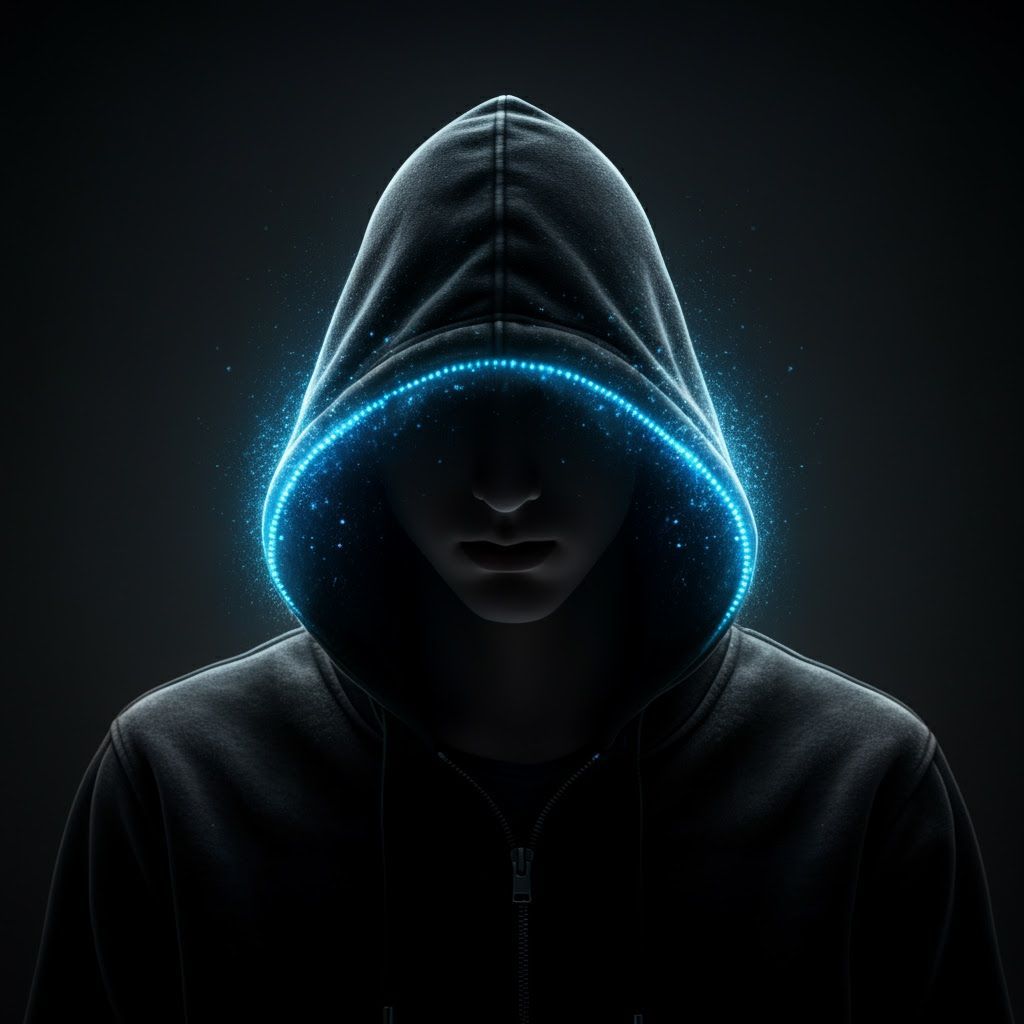 Cyberpunk Hooded Figure with Glowing Blue Silhouette