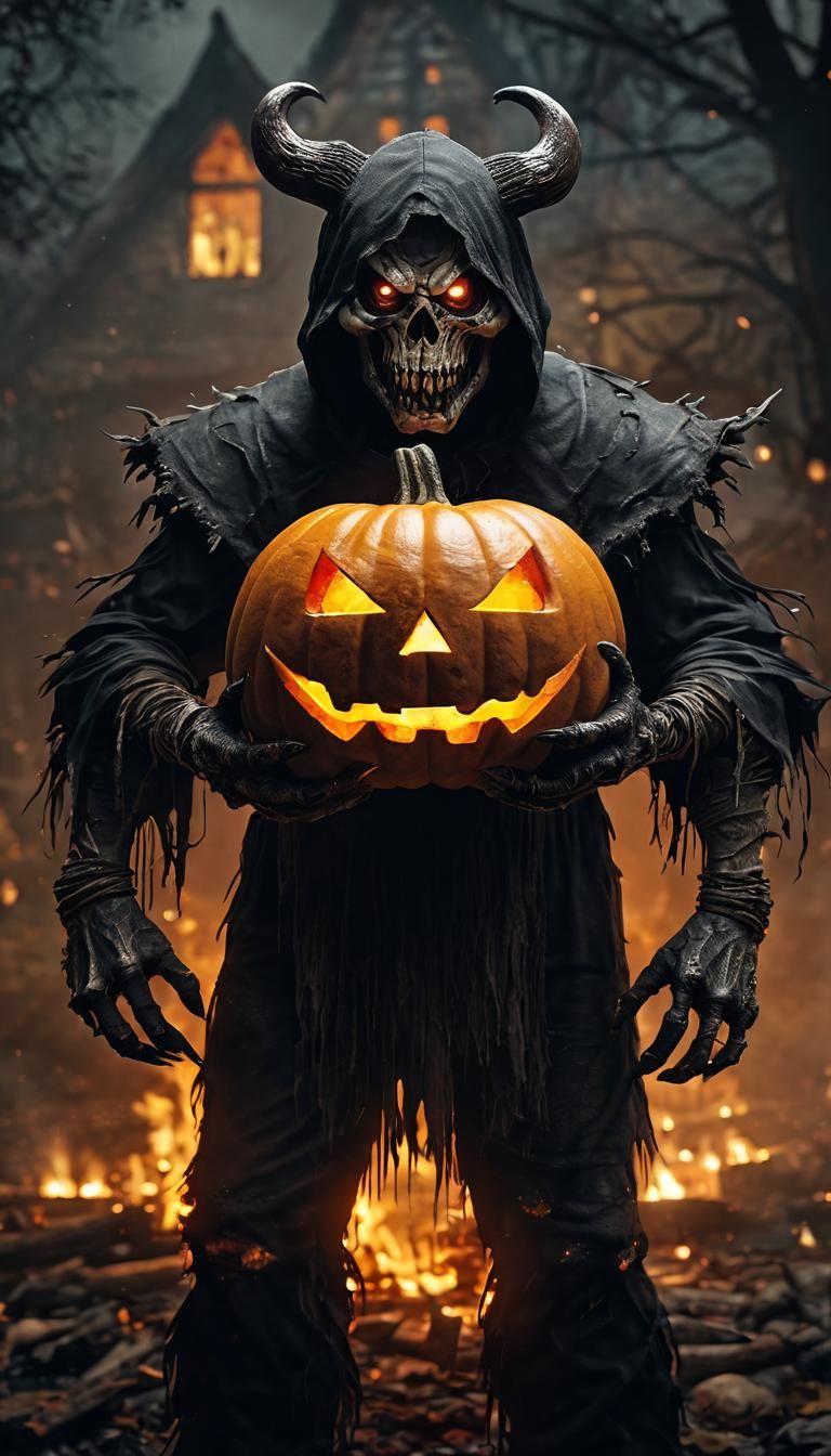 Halloween Monster with hes  Fire Pumpkin Head