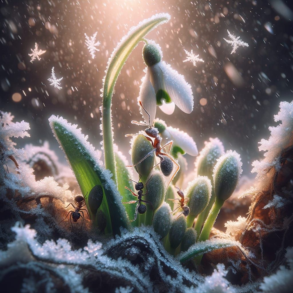snow-covered snowdrop reveals ants awakening from winter's slumber