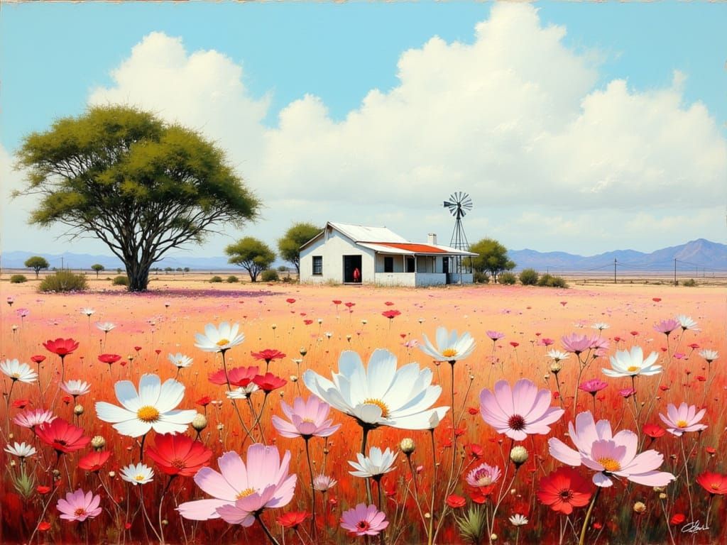 <lora:Africa - Karoo:1.0><lora:Akimora:1.0>Painterly image of white, pale pink and dark pink Kosmos blossoms in an expansive Karoo landscape...