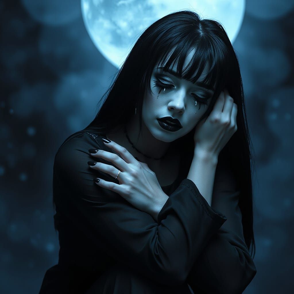 Dark Gothic Woman Crying in Moonlight
