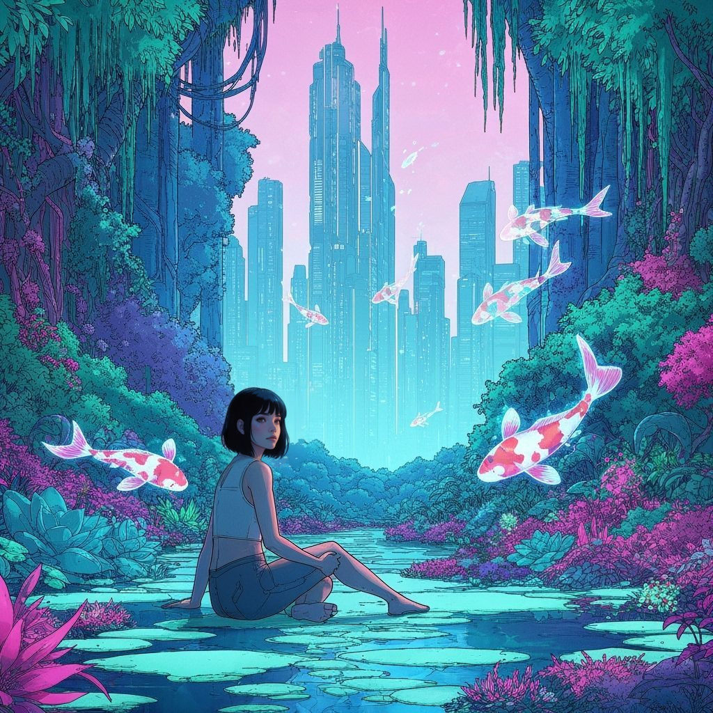 Woman in Neon Garden Gazing at Cyberpunk City