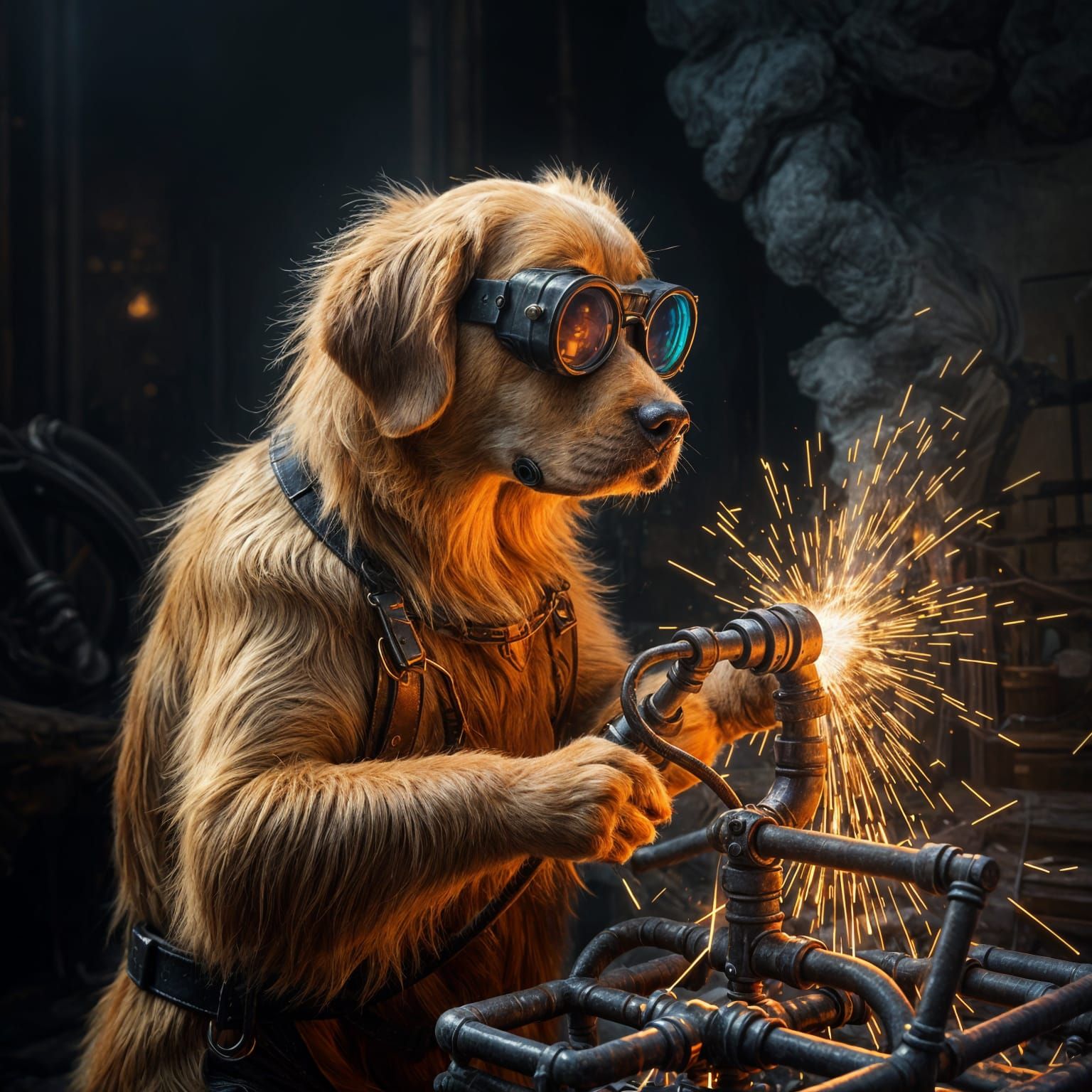 Golden retriever welding pipe together