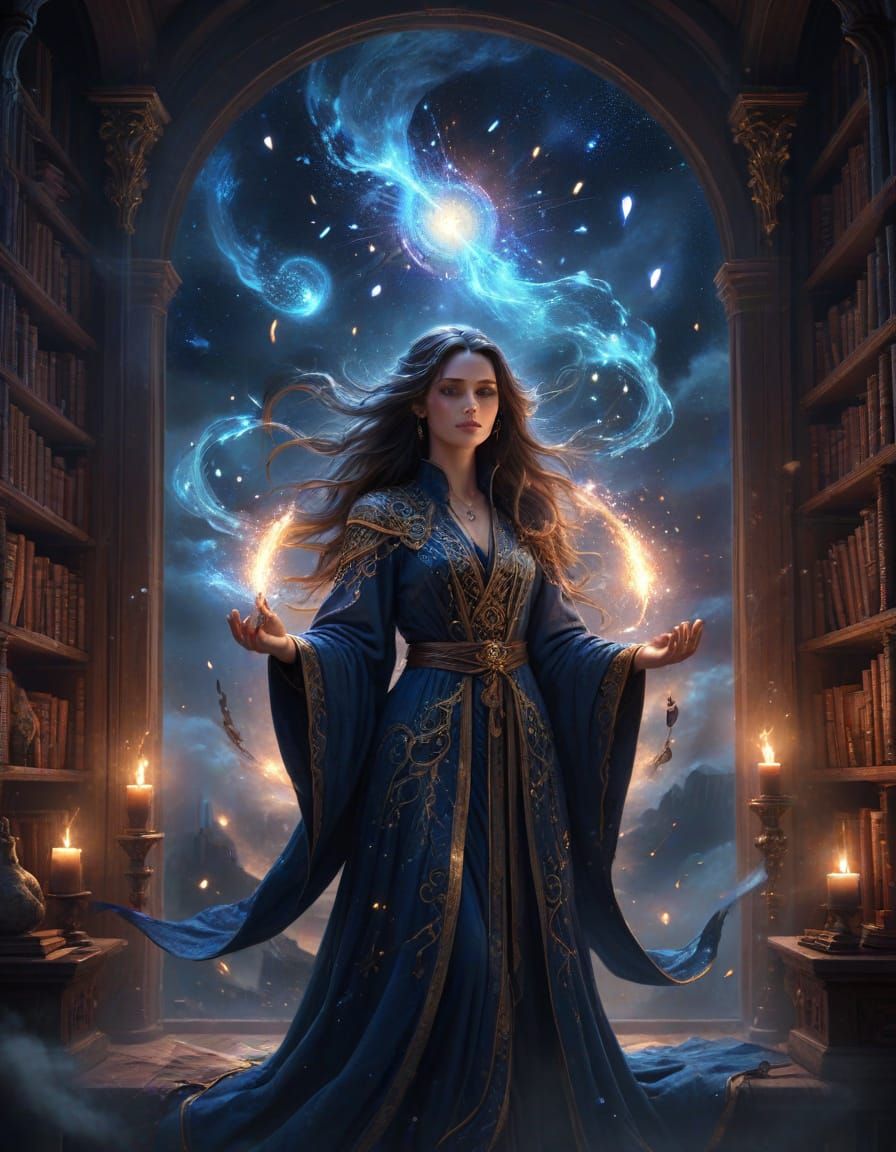 Sorcerer in Celestial Study, High Fantasy Digital ... - AI Art
