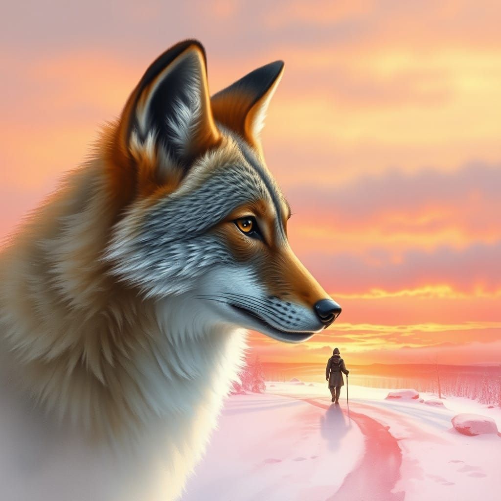Serene Coyote's Portrait in Dreamlike Watercolor Hues