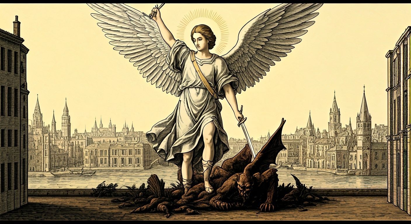 Archangel Michael defeats Satan.  Belgium, ligne clair, René Magritte, Paul Delvaux, Pieter Bruegel the Elder